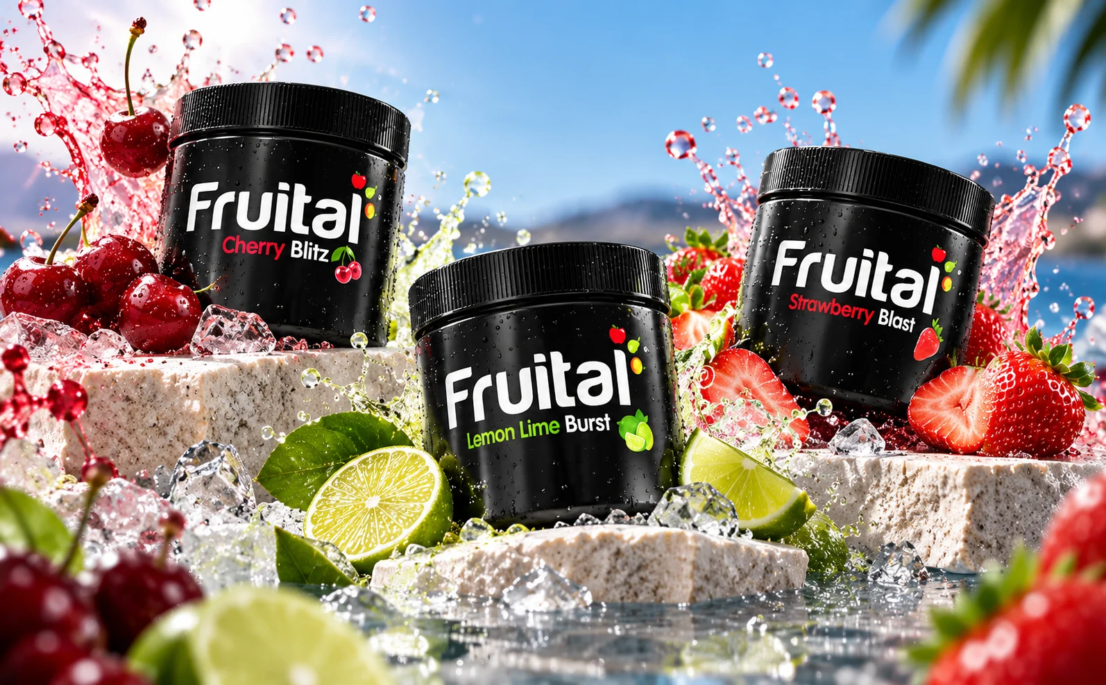 Fruital drink mix tubs with fresh fruit, ice, and water splashes