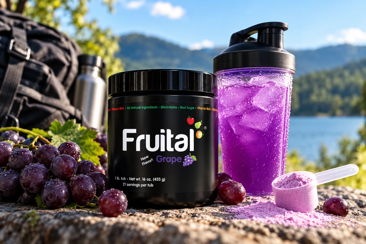 Fruital grape powder drink mix beside a shaker outdoors